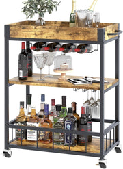 3 Tier Bar Cart Drinks Trolley with Wine Rack & Glass Holder