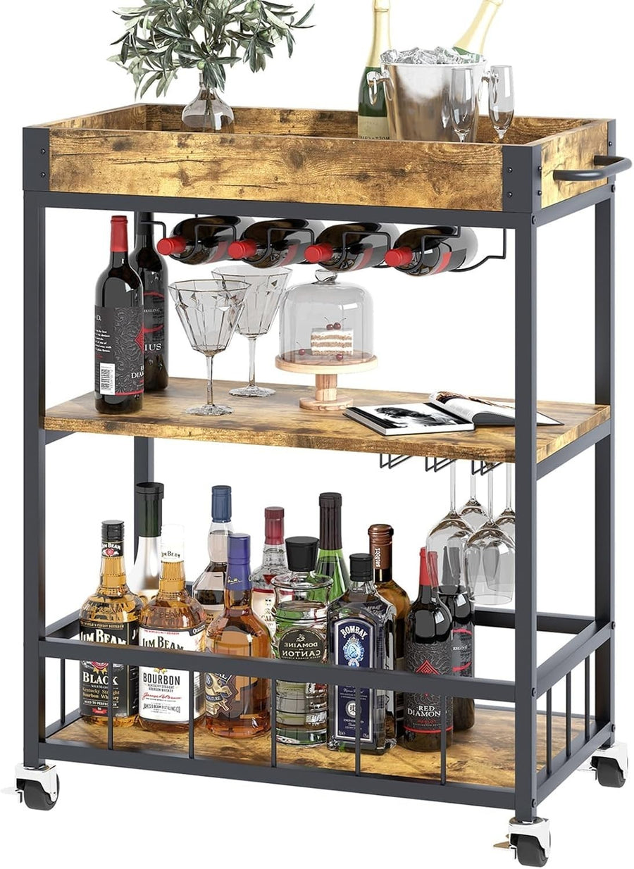3 Tier Bar Cart Drinks Trolley with Wine Rack & Glass Holder