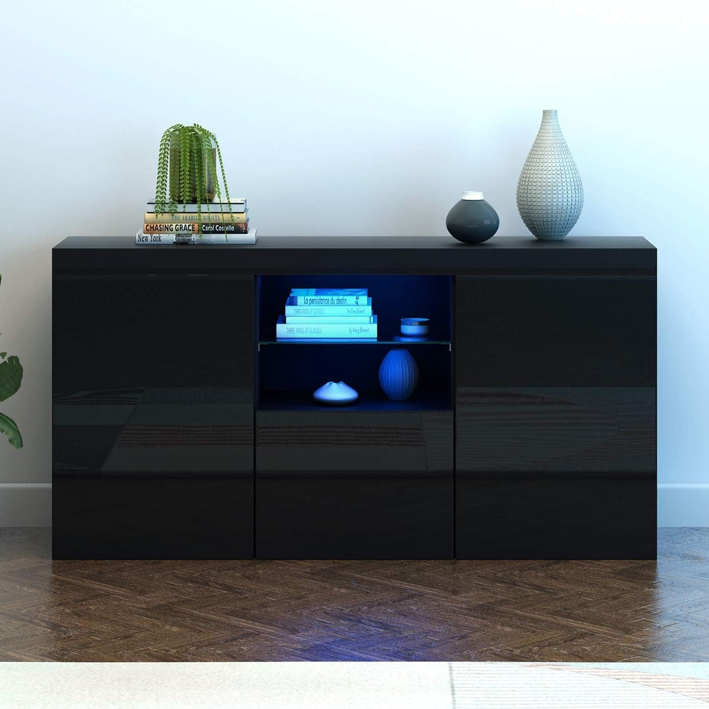 Black Gloss TV Cabinet Sideboard with LED Lights Storage Unit 134cm