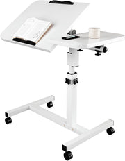 White Adjustable Side Table with Wheels C Shape Sofa Laptop Desk 360° Rotate