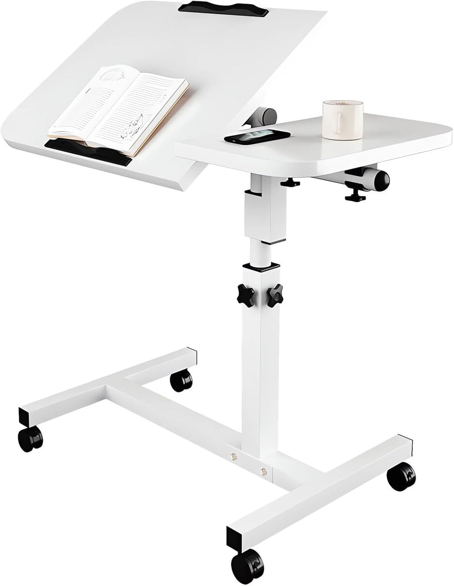 White Adjustable Side Table with Wheels C Shape Sofa Laptop Desk 360° Rotate