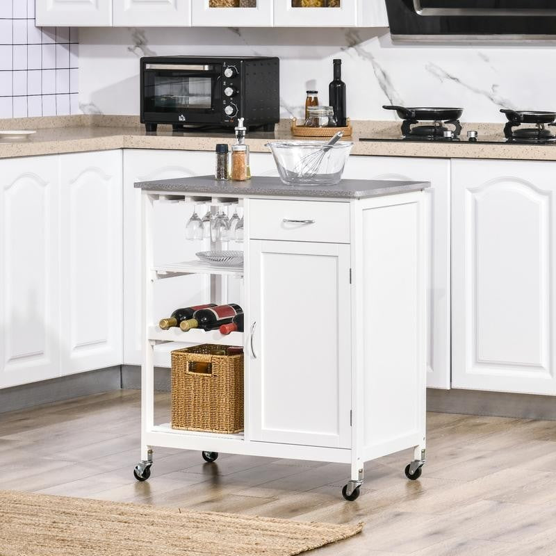 White Kitchen Trolley with Marble Top, Shelves & Wine Rack on Wheels