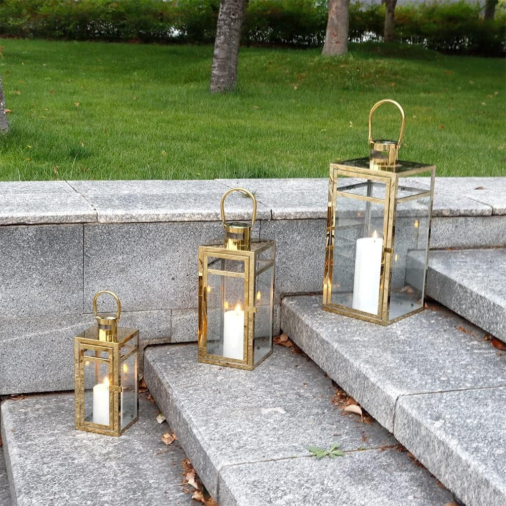3 Pack Gold Stainless Steel Candle Lanterns Indoor Outdoor Decor