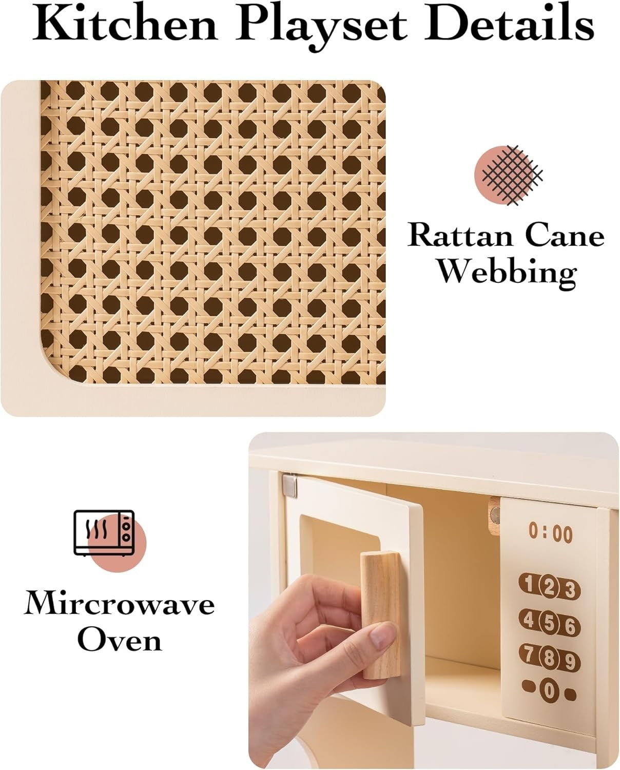 Wooden Kids Play Kitchen w/ Ice Dispenser Vintage Cream Toy