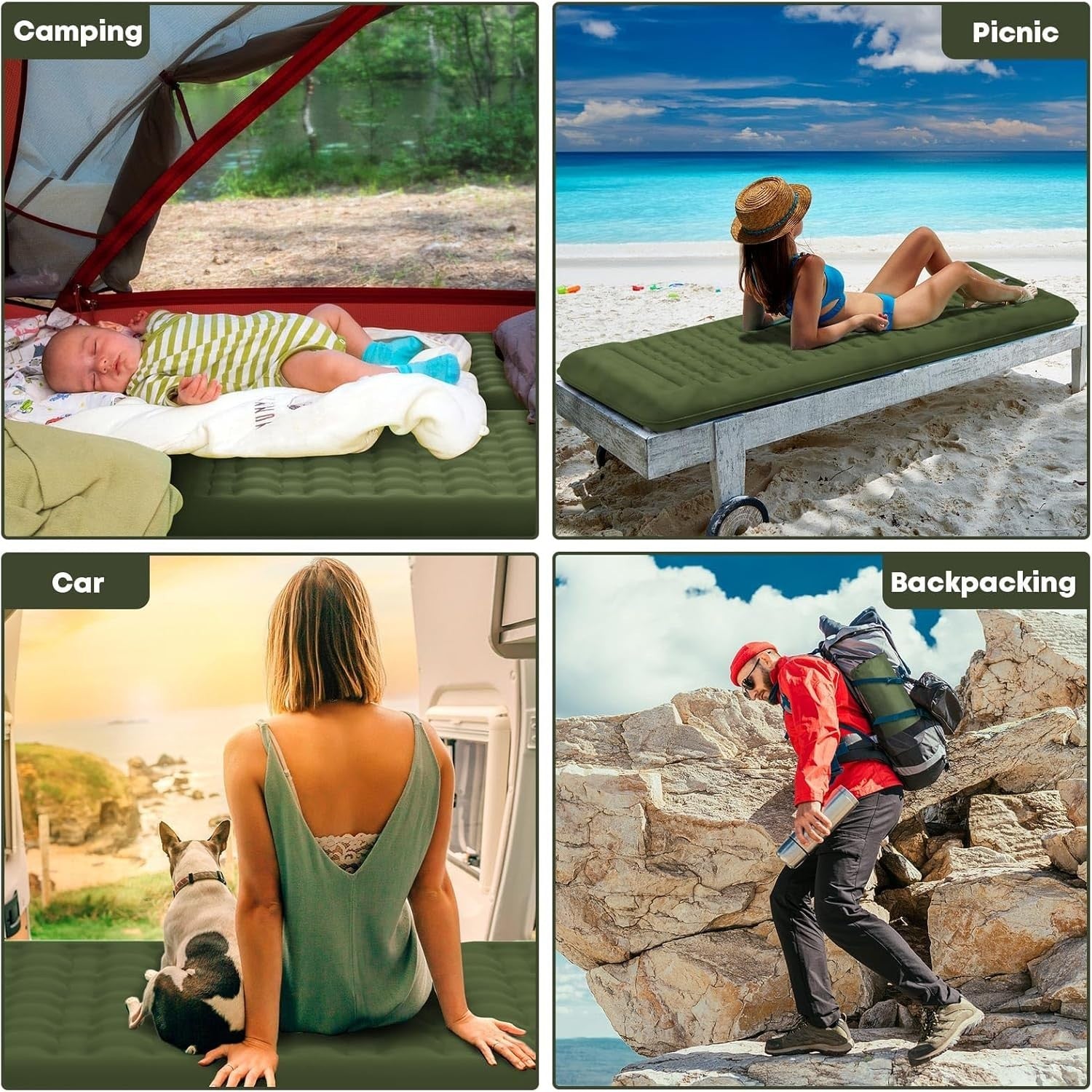 Extra Thick Camping Air Mattress 12–15cm Built-In Foot Pump Pillow Pad Green