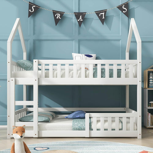 Castle Bunk Bed Kids 3FT Wooden Frame with Ladder Guardrails White