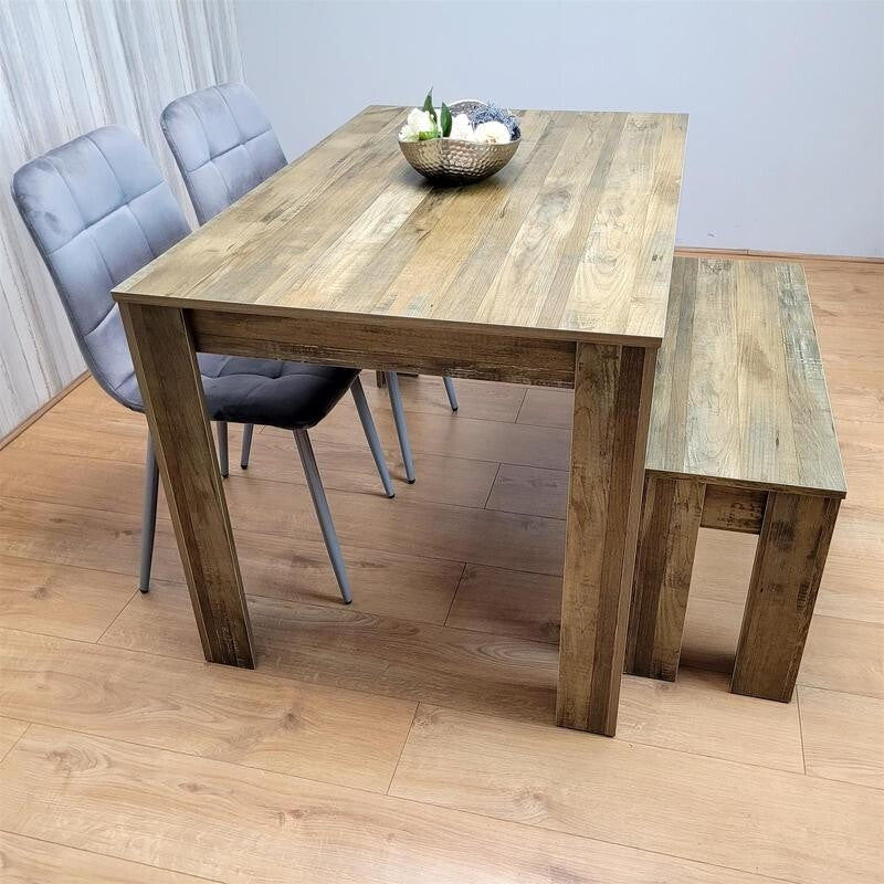 Rustic Dining Table Set with 2 Grey Velvet Chairs & Wooden Bench for 4