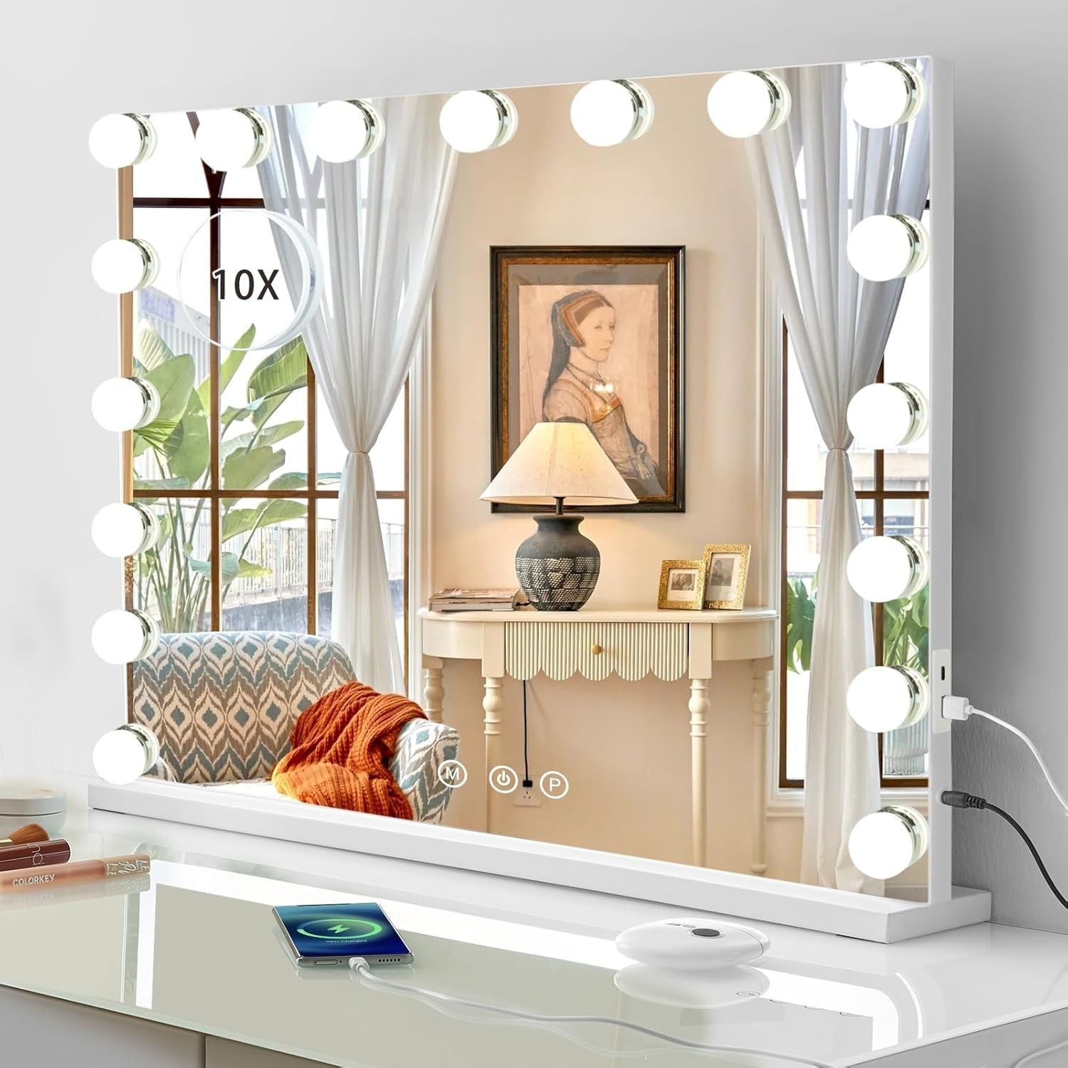 Large Vanity Mirror 80x60cm with LED Lights, Dimmable, 10X Magnifier, USB