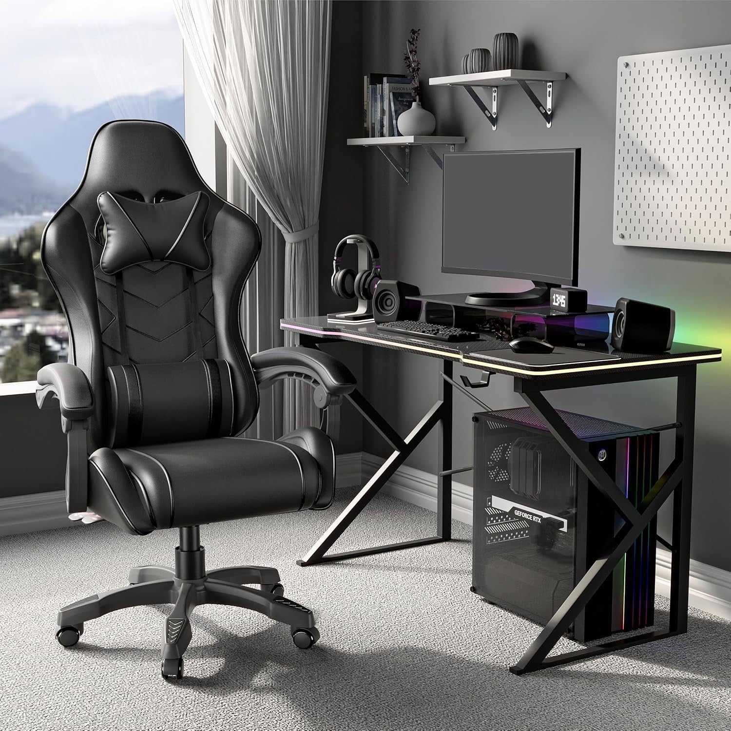 Ergonomic Gaming Office Chair Recline 90-135° PU Leather Adjustable Height 150kg
