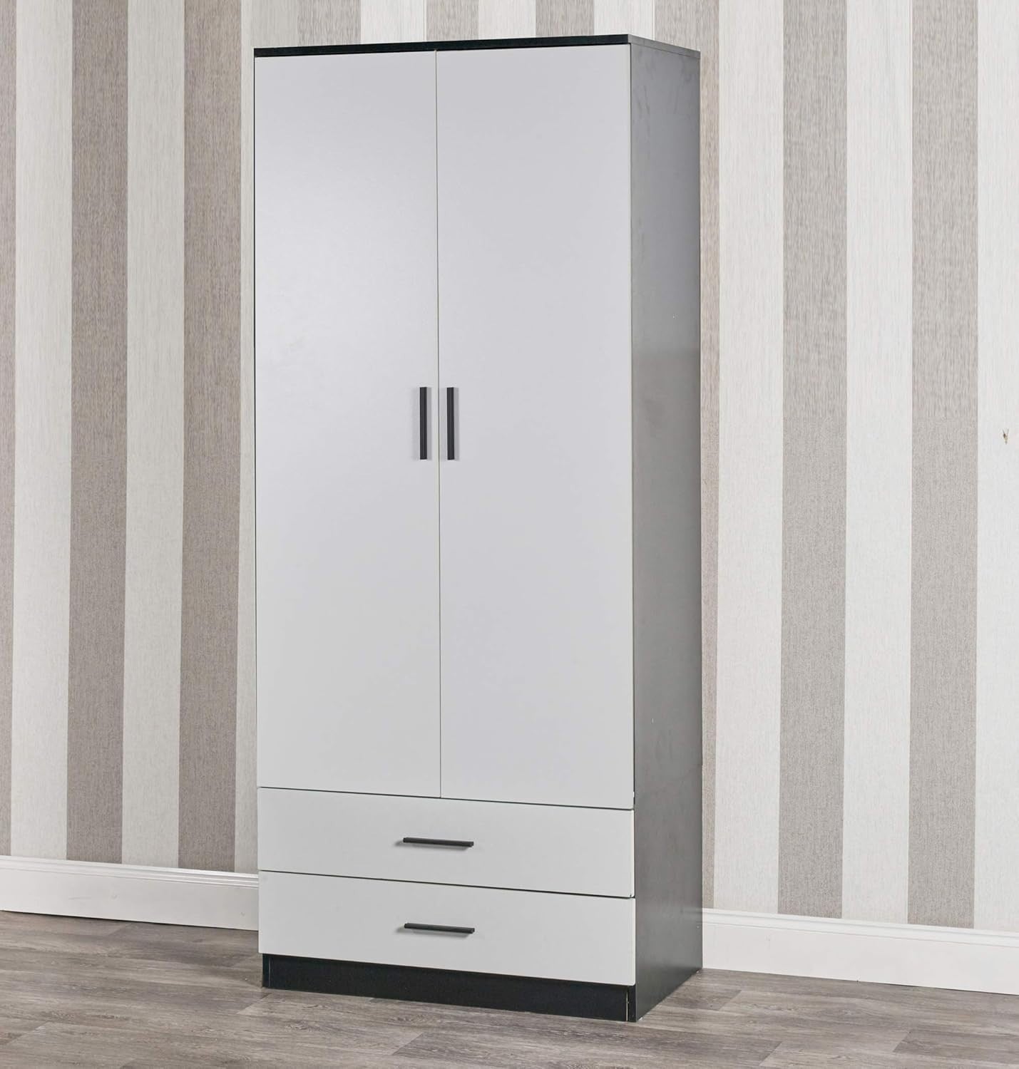 Modern White Black Wardrobe 2 Door 2 Drawer Rail Slim Bedroom Storage