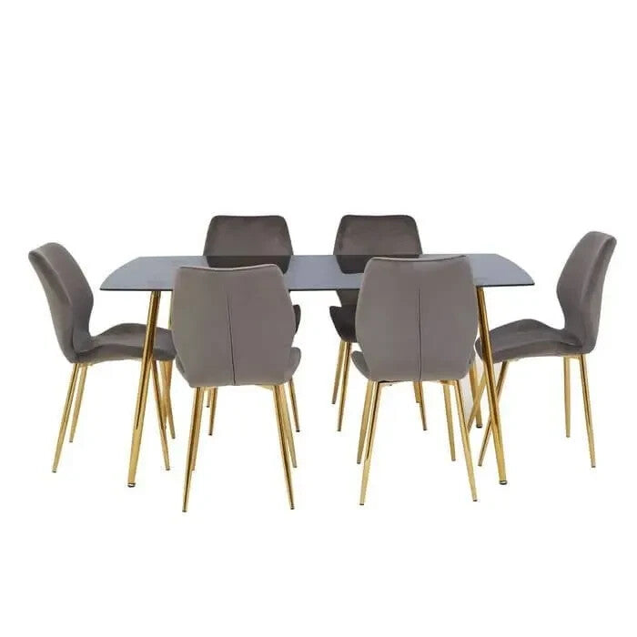 7 Piece Grey Glass Dining Table Set Velvet Chairs Gold Legs Modern Room