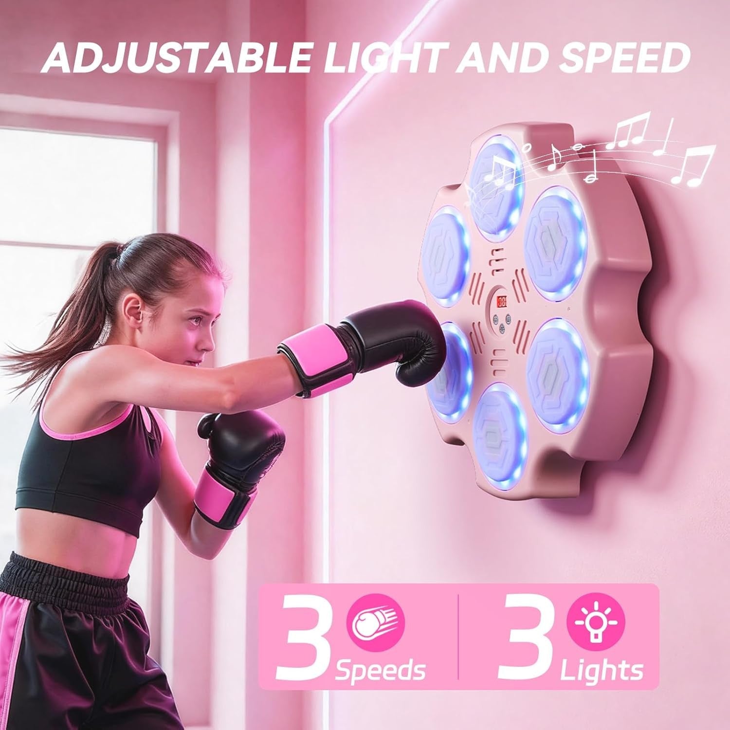 Pink Music Boxing Machine LED Wall Punch Trainer with Gloves for Home Fitness