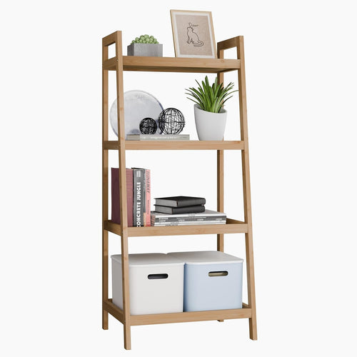 Bamboo Ladder Shelf Bookcase 4 Tier Freestanding Storage Rack Space Saver