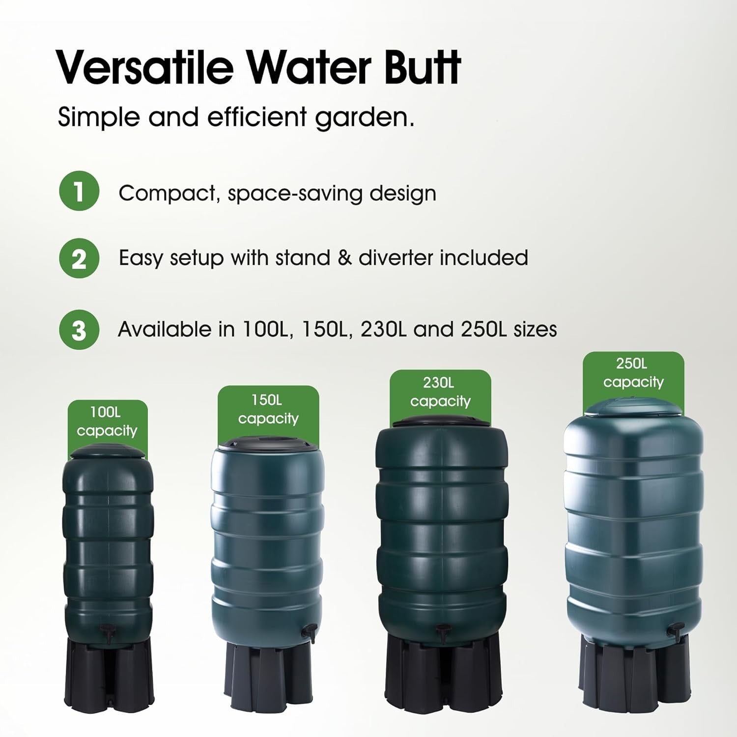 250L Garden Water Butt Kit with Stand, Tap, Diverter & Hose