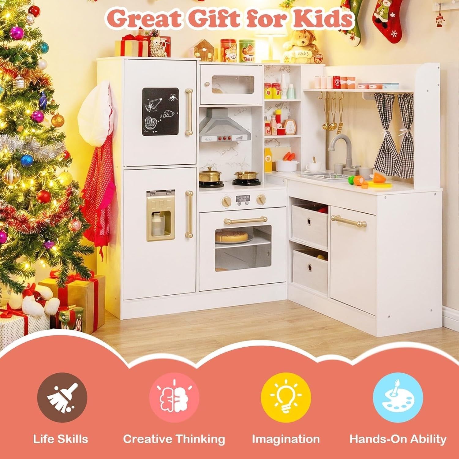 Kids Corner Play Kitchen Wooden Toy Set Lights Sounds Water White