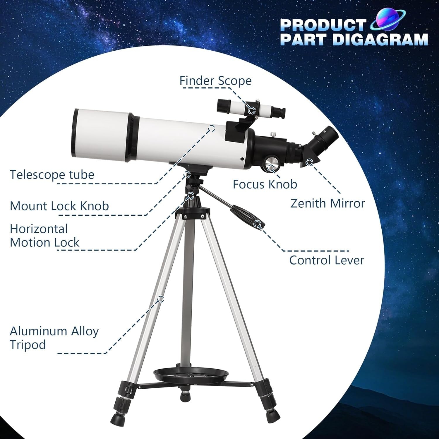 80mm Aperture Refractor Telescope 600mm Focal Length 180x Zoom Tripod