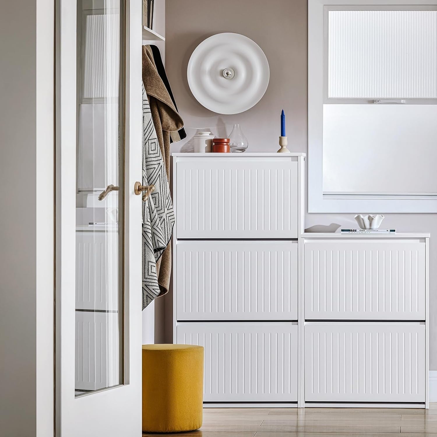 Tall White Shoe Cabinet – Slim 3 Flip Drawer Storage Unit 120cm Hallway