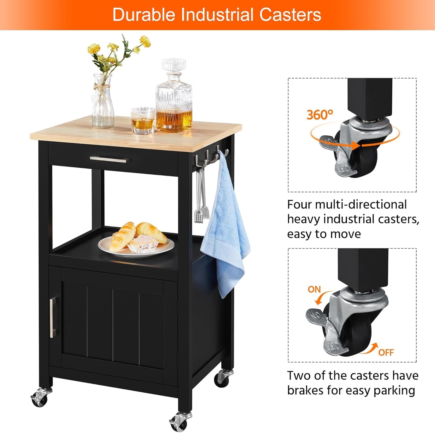 Kitchen Island Trolley on Wheels with Cabinet Drawer Hooks Rolling Utility Cart