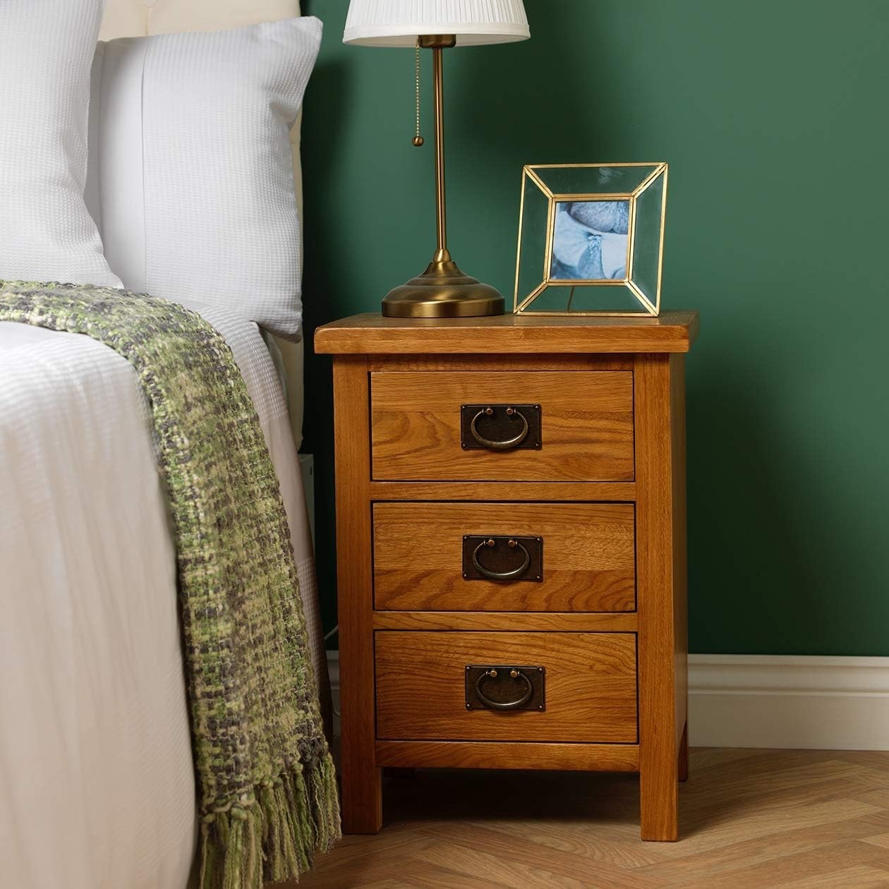 Rustic Oak 3 Drawer Bedside Table – Solid Wood Nightstand Storage Cabinet