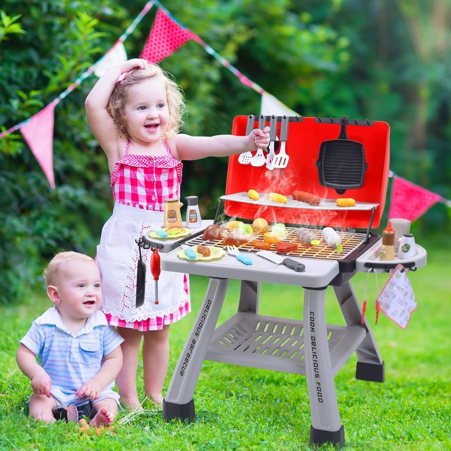 Kids BBQ Grill Playset Smoke Lights Sounds Pretend Kitchen Toy Set
