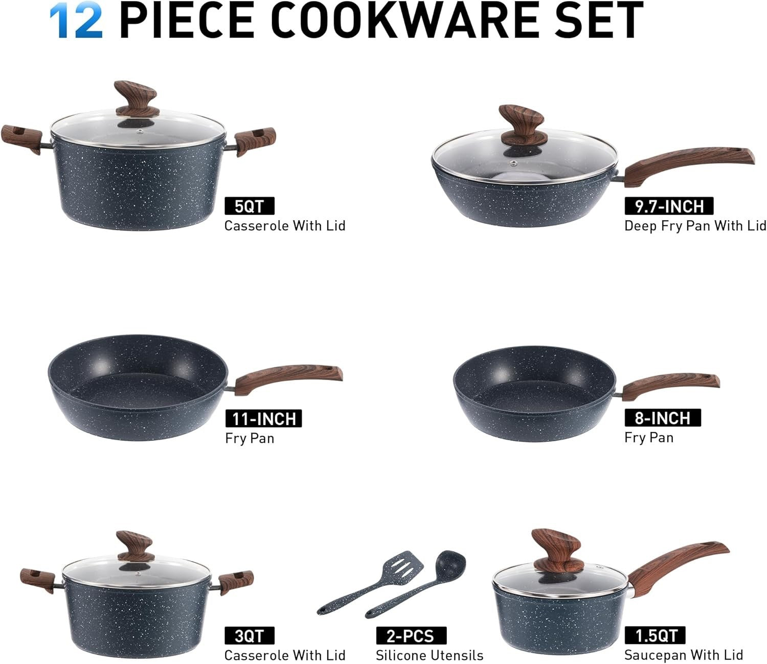 12pc Blue Non Stick Cookware Set Induction Ready Pots Pans with Lids & Utensils