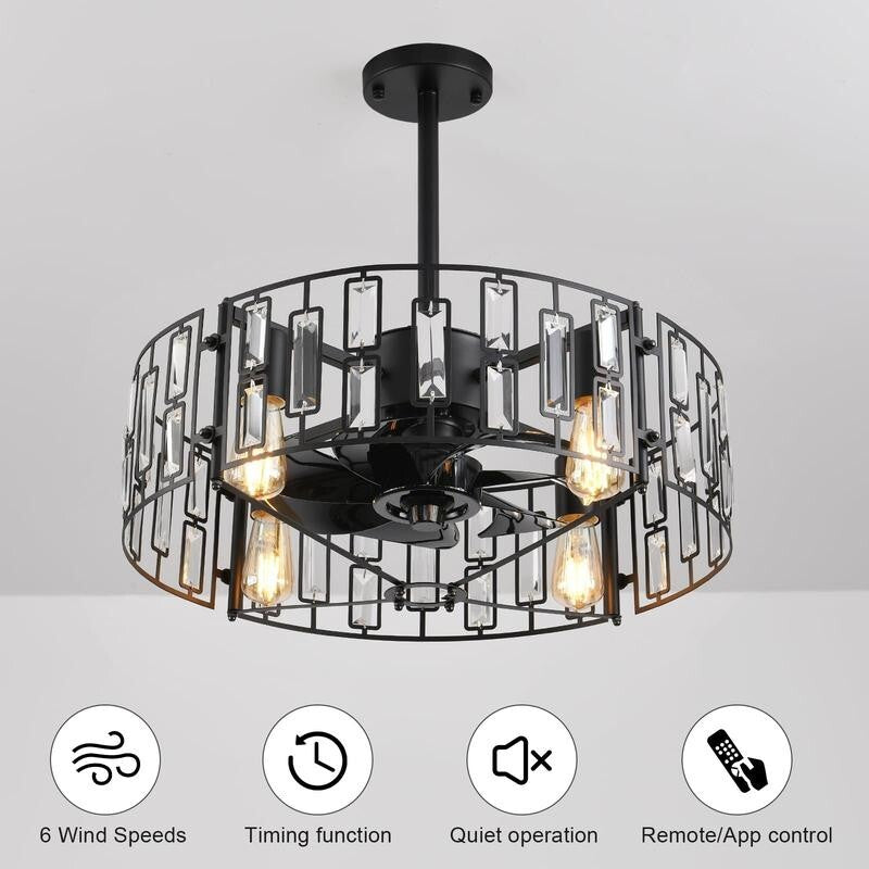 Crystal Ceiling Fan Light Flush Mount Remote App Control 6-Speed E27 Black