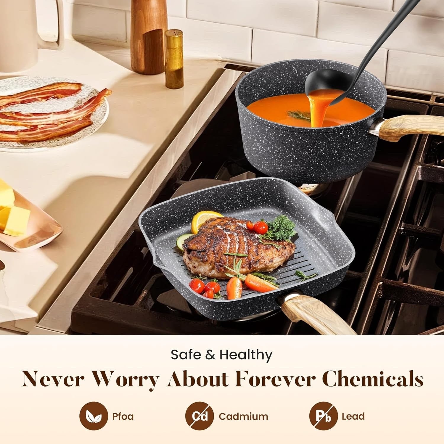 17pcs Grey Granite Induction Cookware Set Non Stick Pots & Pans Oven Safe