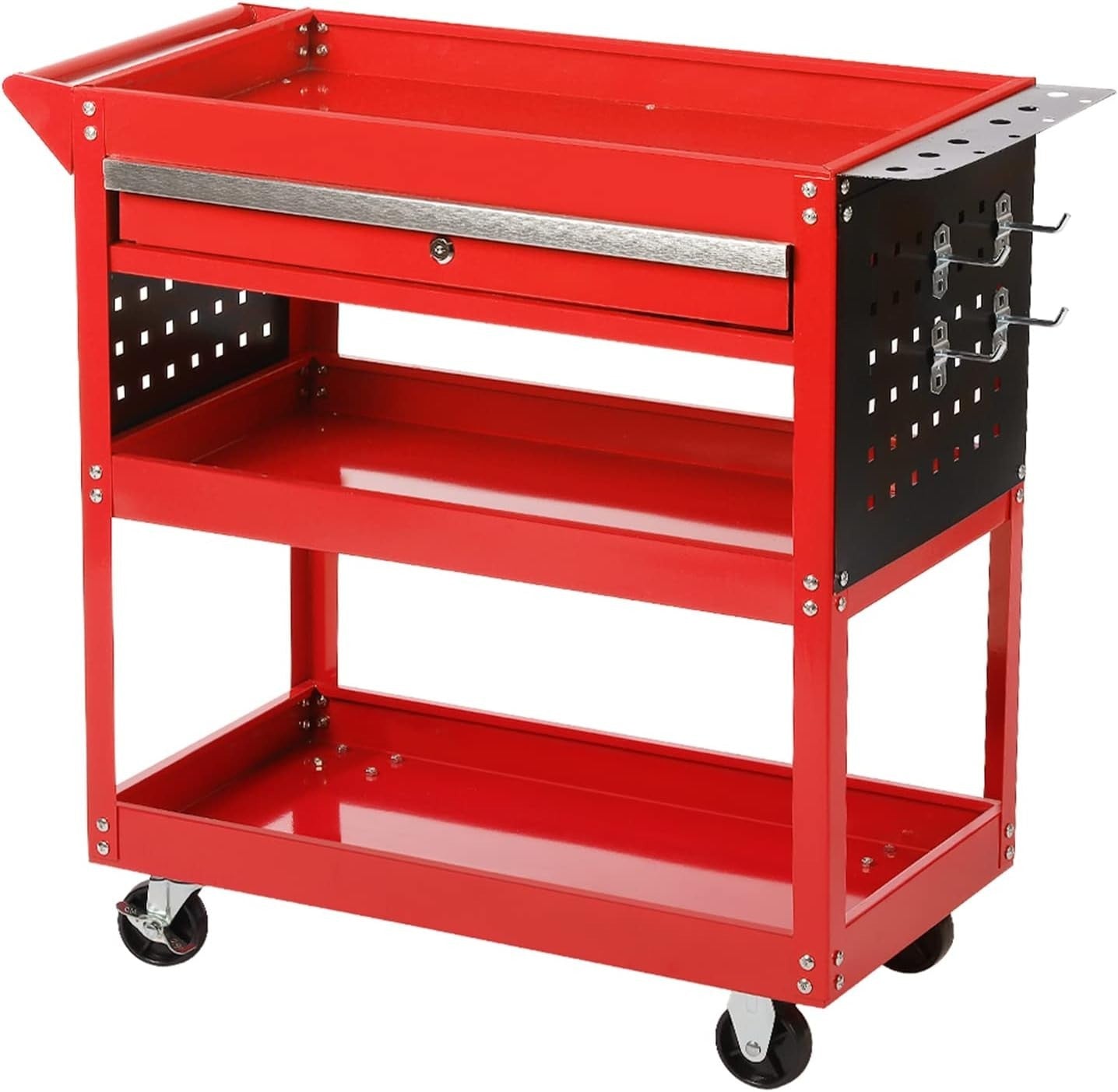 Heavy Duty Red 3-Tier Garage Tool Storage Trolley w/ Locking Wheels 35x82x76cm