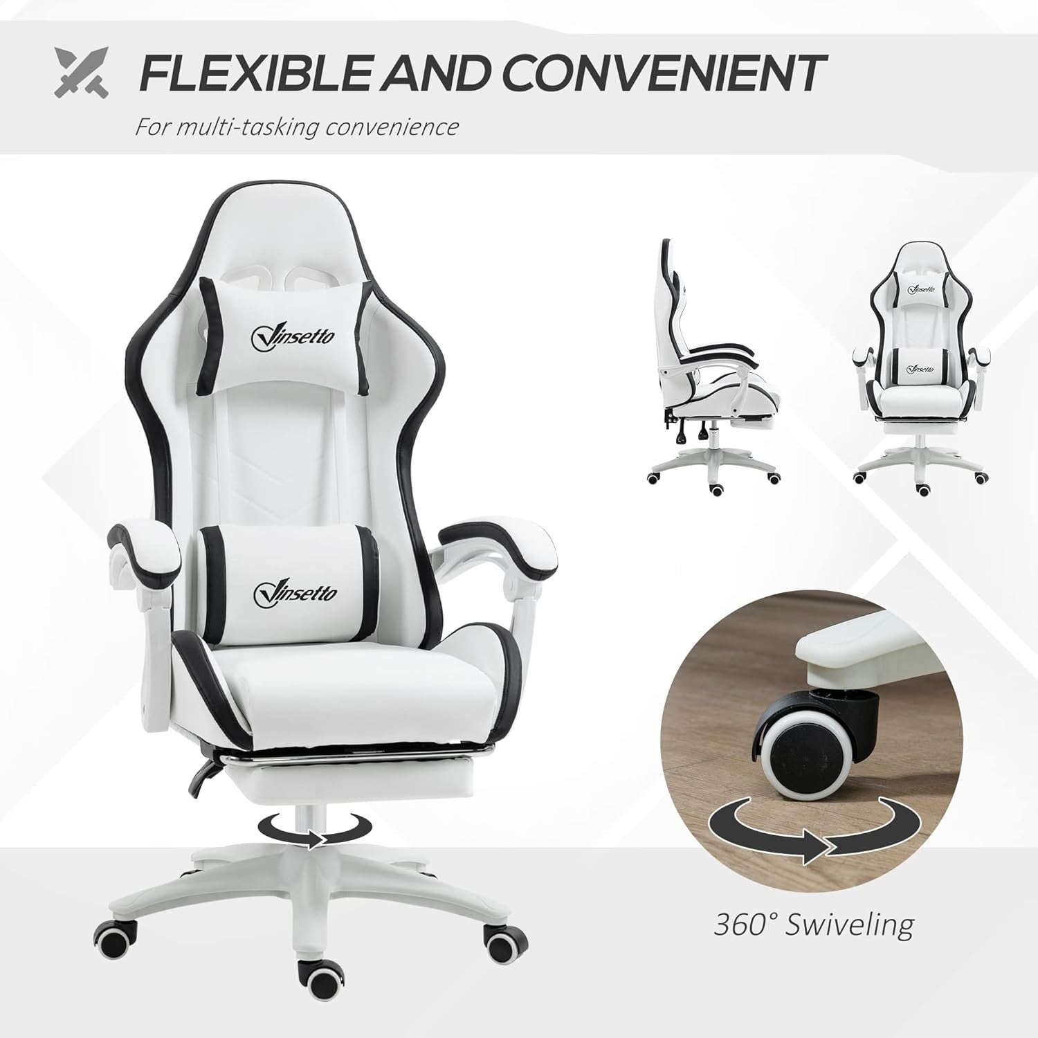 Gaming Chair PU Leather Recliner w/ Footrest 135° Swivel White Black