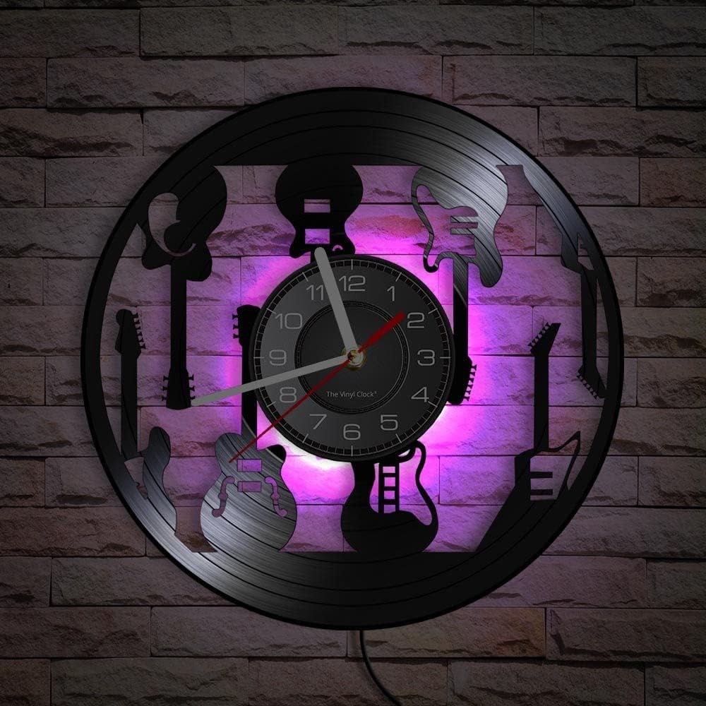 LED Guitar Pattern Vinyl Wall Clock Music Decor Silent 30cm Night Light Gift