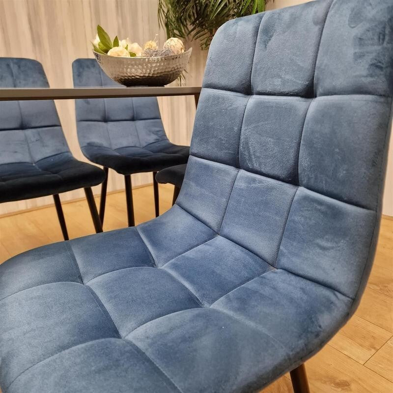 Modern Grey Dining Table Set with 4 Blue Velvet Chairs for Kitchen Home