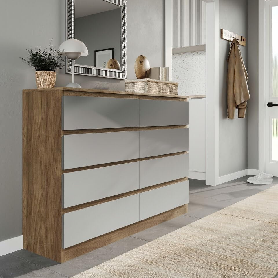 Modern Oak Grey 8 Drawer Chest Storage Cabinet Dresser for Bedroom