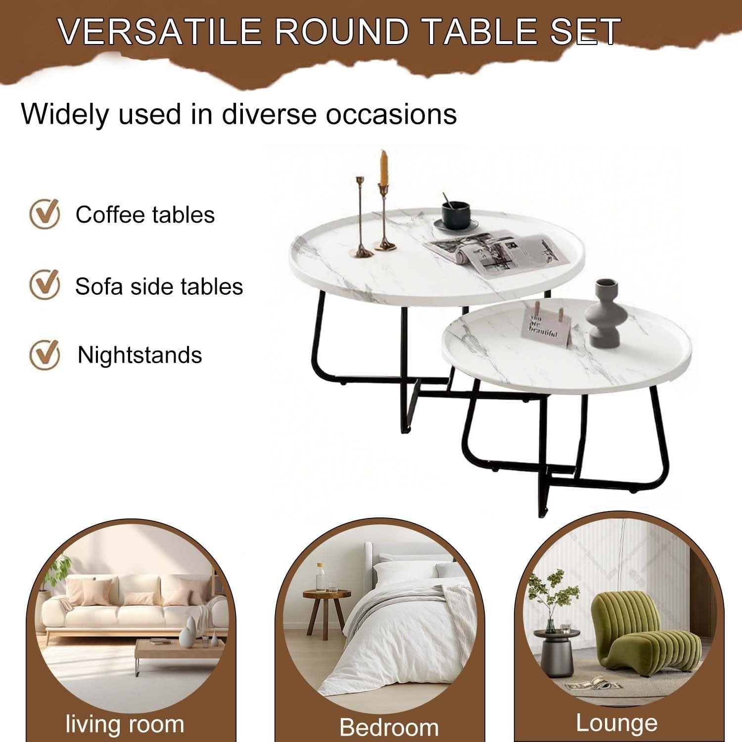 2-Piece Nesting Coffee Table Set Marble Pattern Wood Modern End Side Tables
