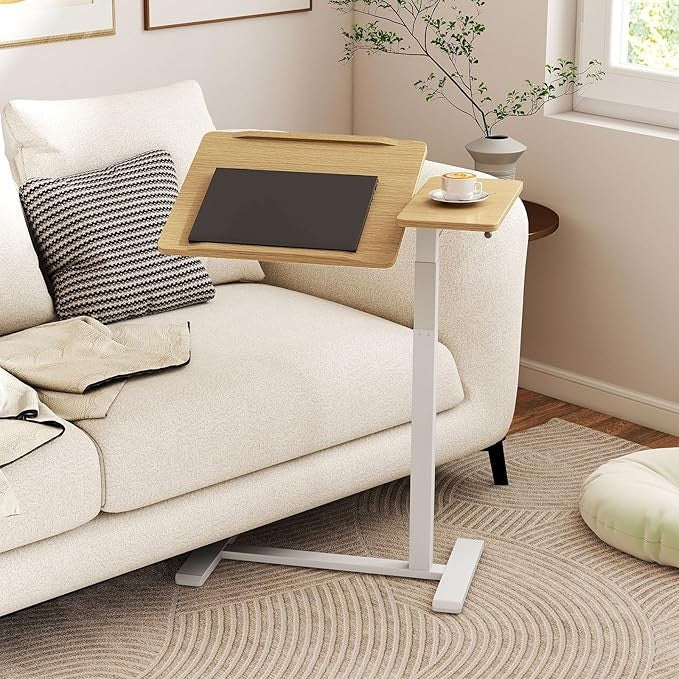 Mobile Laptop Table Height Adjustable C Shaped Desk with Wheels Natural 68x40cm