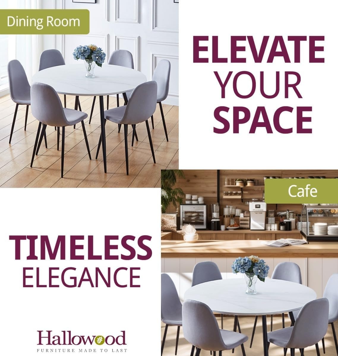 Round Marble Effect Dining Table & 6 Grey Fabric Chairs Set 120cm