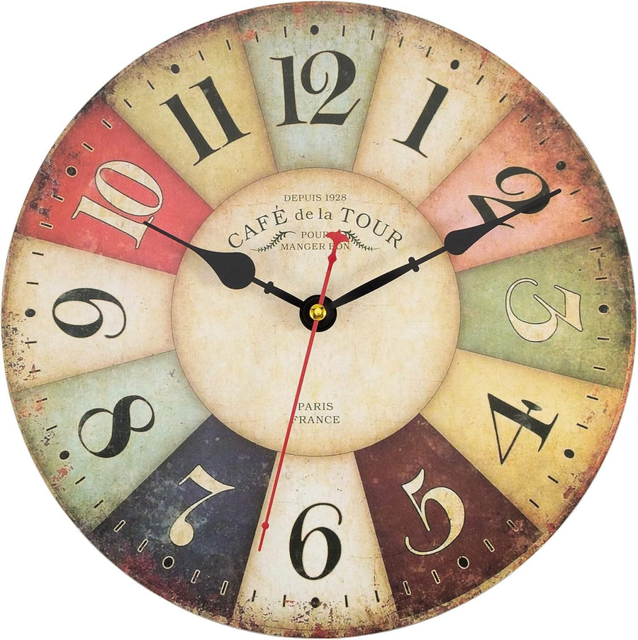 Vintage 34cm Wall Clock Rustic Wooden Silent Non-Ticking Large Farmhouse Decor