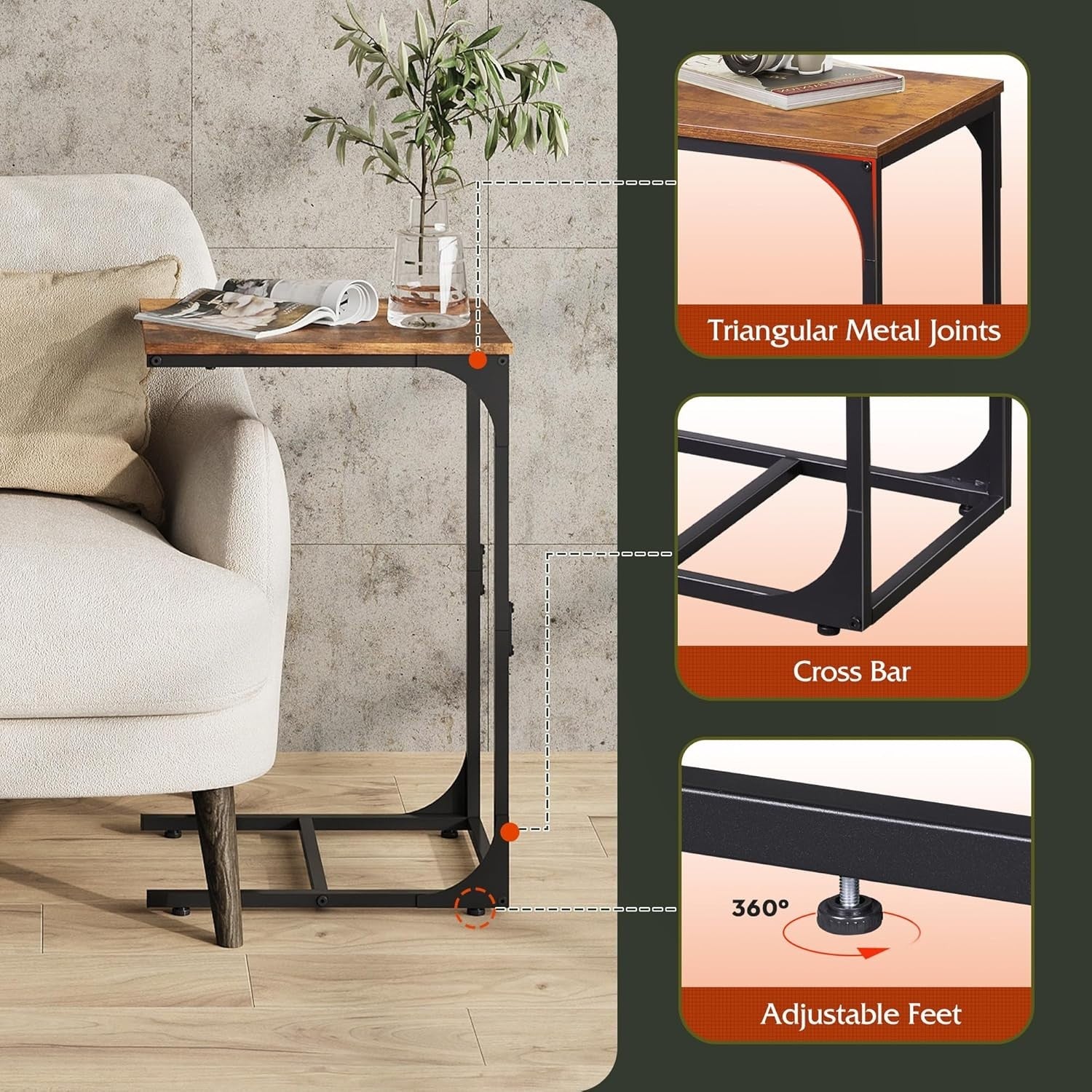 Slim C Shaped Side Table Sofa Bed Laptop Snack Coffee Table 40x30x62cm