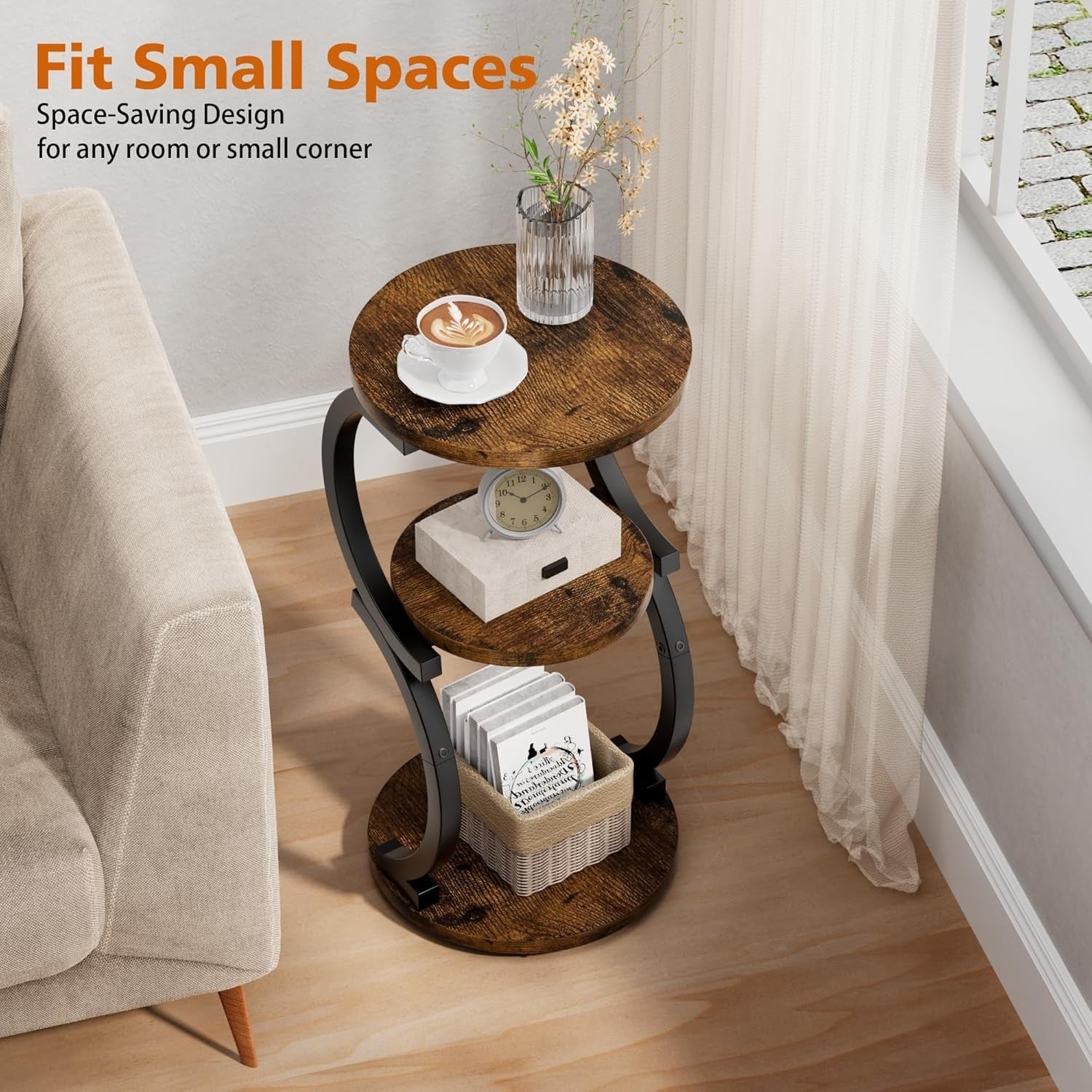 3-Tier Round Small Side Table with Storage, Rustic Brown S-Shaped End Table