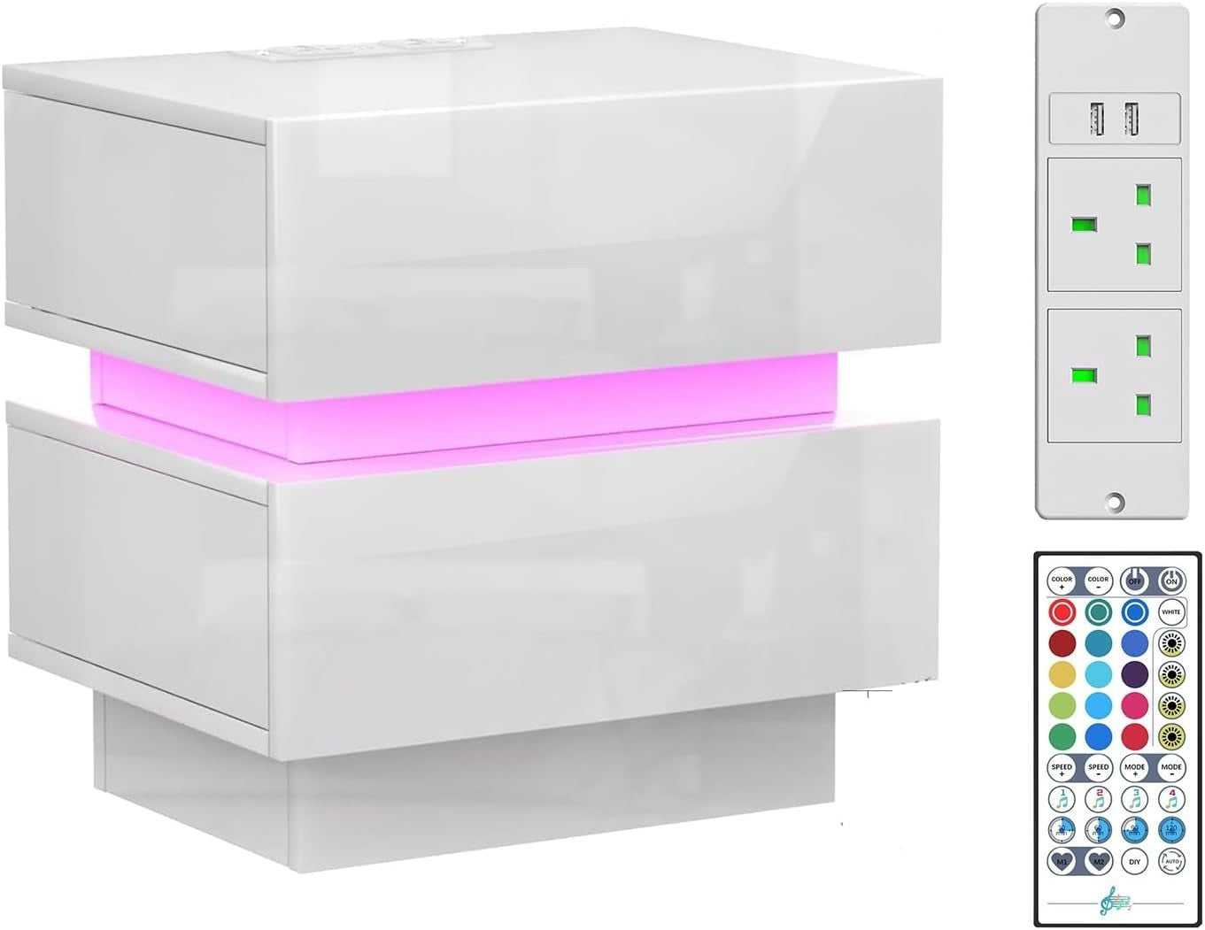 Modern LED Bedside Table with USB Charging, 2 Drawers, Gloss Finish