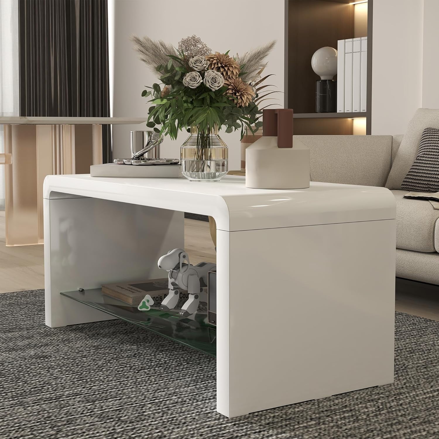 Modern High Gloss White Coffee Table with Storage & Glass Shelf 100x45x45 cm