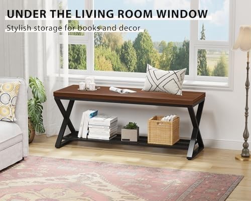 Walnut Industrial Entryway Storage Bench Metal Frame Shoe Rack Seat 119x36x46cm