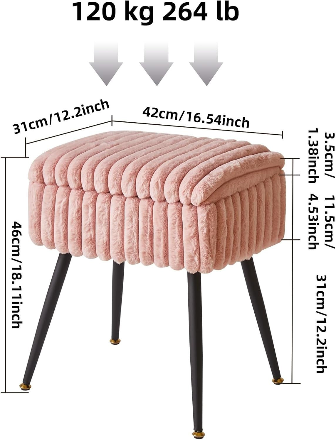 Pink Velvet Vanity Stool with Storage – Rectangular Ottoman Seat