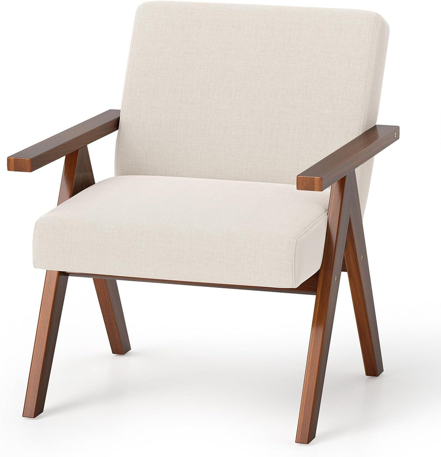 Beige Linen Accent Armchair Acacia Wood Frame Lounge Chair