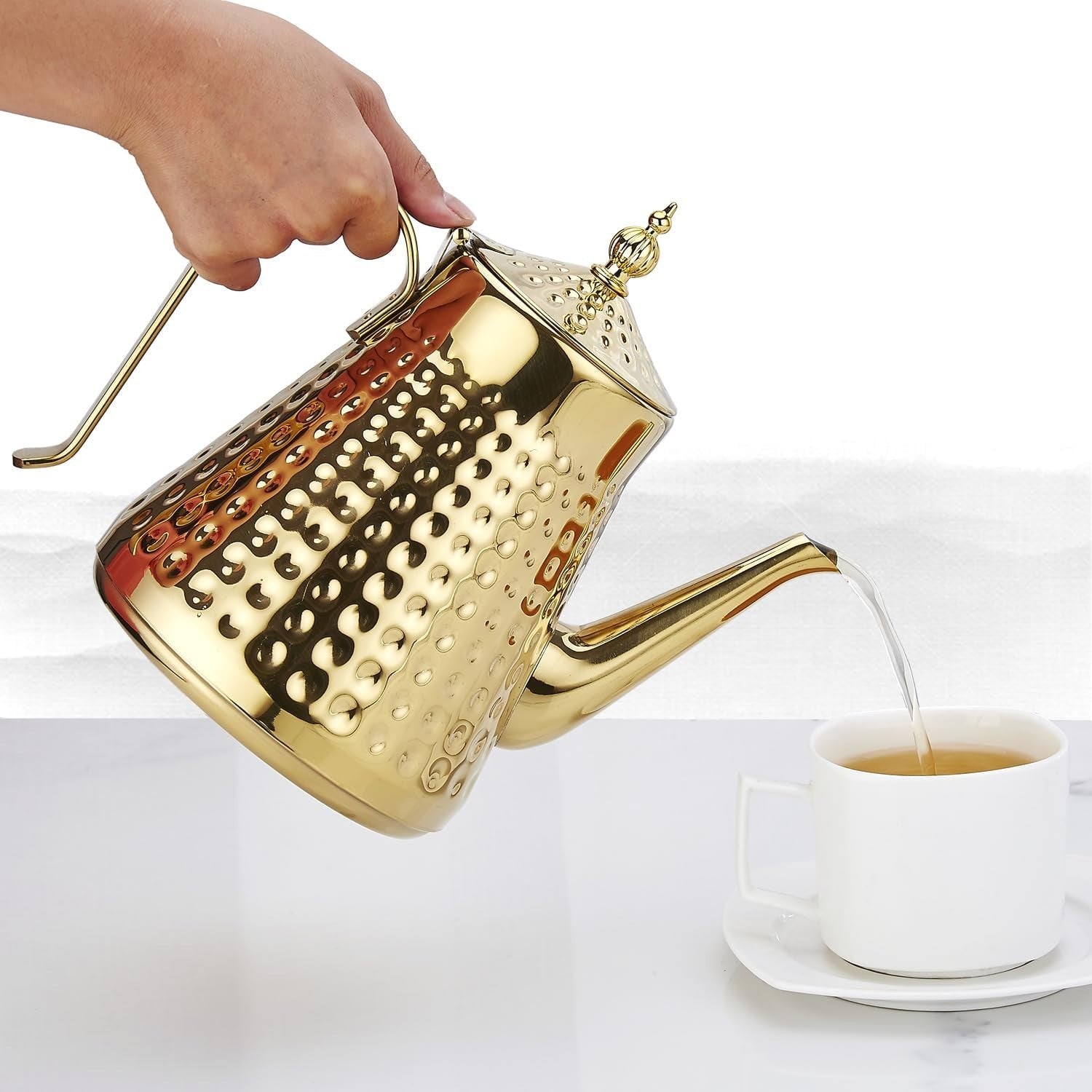 1.6L Stainless Steel Teapot with Infuser Gold Hammered Tea Pot 6 Cup