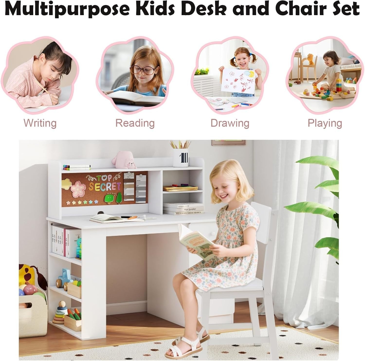 Kids Study Desk & Chair Wooden Table w/ Storage Shelf Drawer Cabinet White