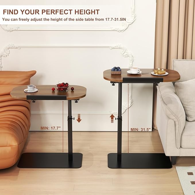 C Shaped Side Table Adjustable Height Laptop Sofa Bed Table Walnut Wood