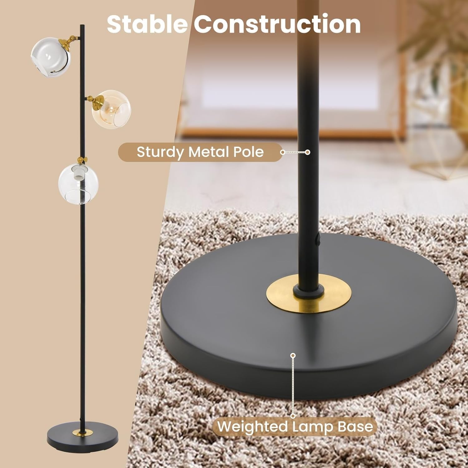 Industrial Floor Lamp 3 Light Glass Globe Standing Lamp Foot Switch Black