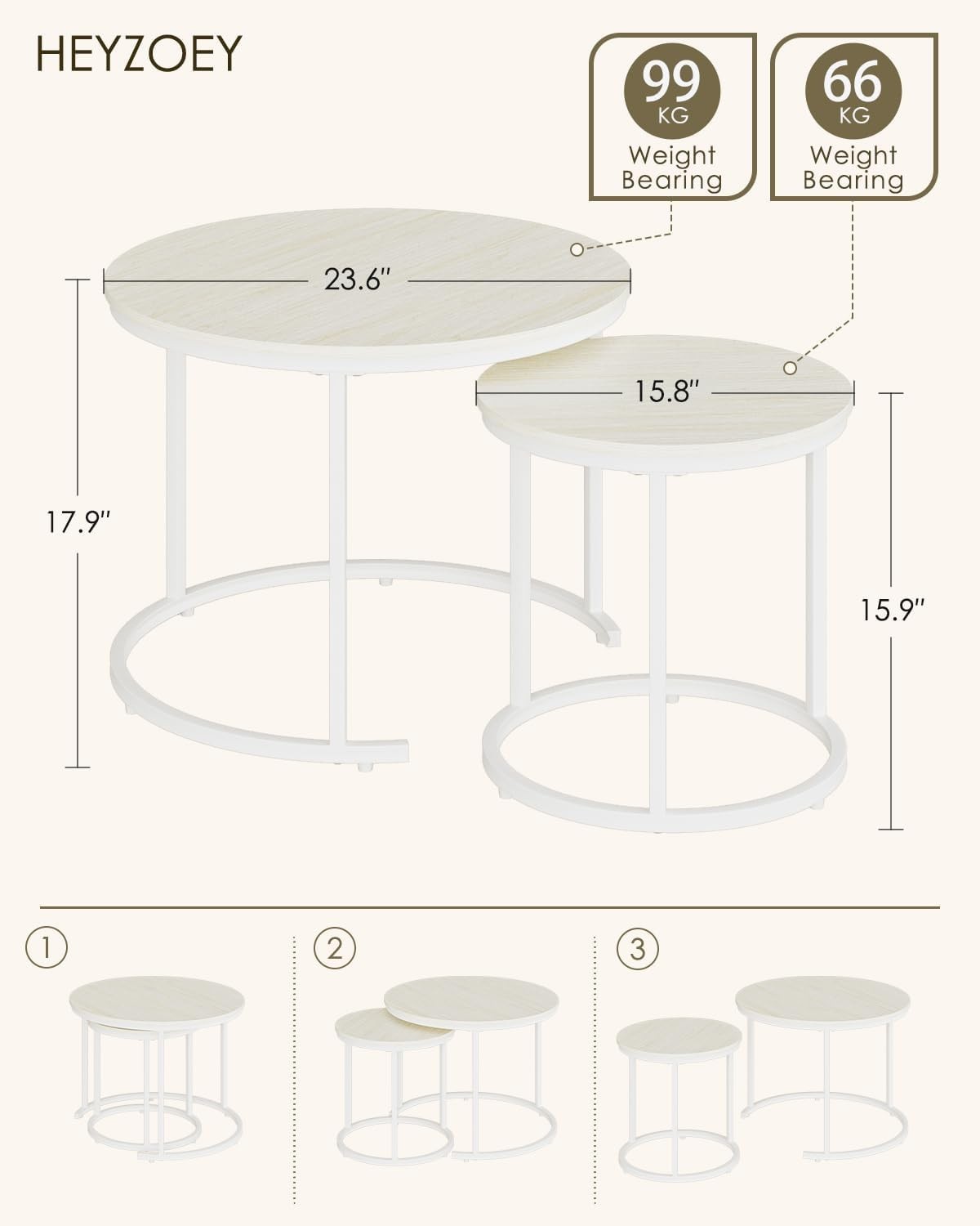 Nest of 2 Coffee Tables Set, Modern Round End Side Sofa Table, Oak/White