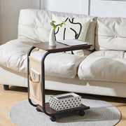 Dark Walnut C-Shaped Side Table on Wheels – 2-Tier Slim Sofa Snack Table