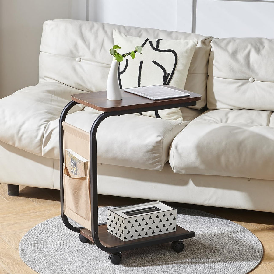Dark Walnut C-Shaped Side Table on Wheels – 2-Tier Slim Sofa Snack Table
